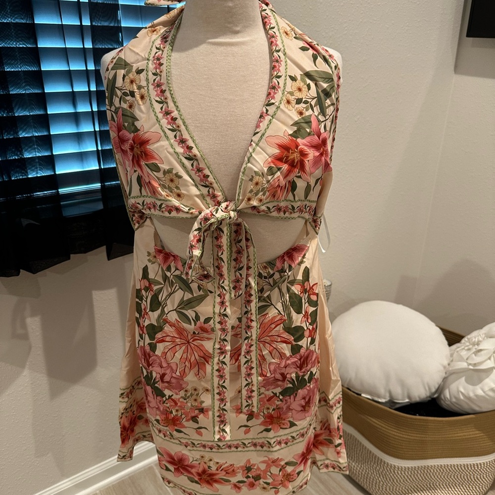 SHEIN Floral Backless Dress - Cream and Pink